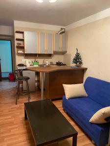 a living room with a blue couch and a kitchen at Axis in Kʼumlistsʼikhe