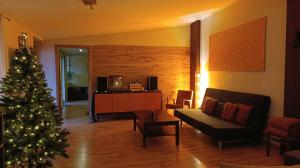 a living room with a christmas tree and a couch at Zaļais namiņš in Ventspils