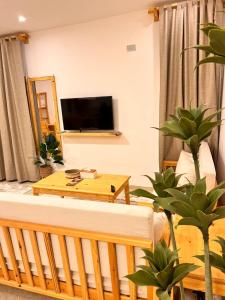 Una sala de estar con un sofá y un televisor de pantalla plana. en Deluxe experience siwa, en ‘Izbat Ţanāţī