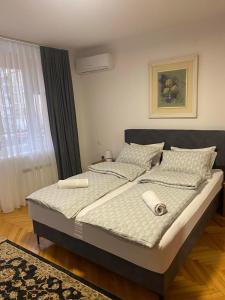 a bed with two pillows at Apartman Zotović in Sarajevo