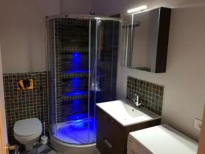 a bathroom with a shower and a toilet and a sink at B-happy Apartments in Vilnius