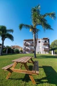 Voula Apartments في ميتيكاس: طاولة نزهة خشبية في حديقة بها شجرة نخيل
