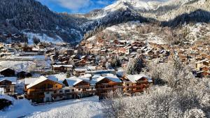 Un pueblo cubierto de nieve con montañas al fondo en Sources, Terrasse et confort 4 étoiles, en Champagny-en-Vanoise