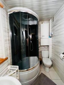 a bathroom with a shower and a toilet at Świerkowa Chata in Targanice +18 photos