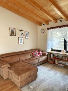 a living room with a couch and a large window at Cabana Roua in Borsa