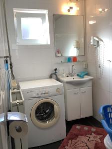 a small bathroom with a washing machine and a sink at Zomerhuis Zwart in Egmond aan Zee