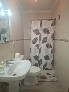 Un baño con lavabo, inodoro y cortina de ducha. en Confortable piso en Puertollano, en Puertollano