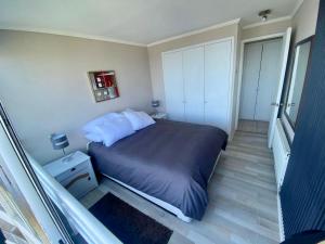 a bedroom with a bed with a blue comforter at Departamento arriendo remodelado in Viña del Mar +17 photos