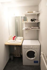 a small bathroom with a washing machine and a sink at Grande chambre et salle de bain privée et balcon in Strasbourg