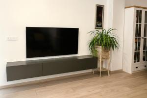 een flatscreen-tv aan een muur met een plant bij Vodno Apartment - Top location and private parking in Skopje