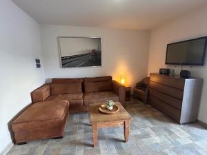 Apartments & Wellness Diva في Sint Jozefsdal: غرفة معيشة مع أريكة وتلفزيون بشاشة مسطحة