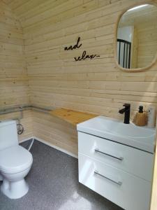 a bathroom with a toilet and a sink and a mirror at Schlaffass und Tiny House am See, Spa mit Sauna und Hot Tub, angeln, Boot, Natur in Twist +46 photos
