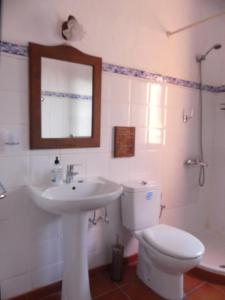 un bagno con lavandino, WC e specchio di Warung a Lajares Altre 42 foto