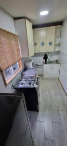 a small kitchen with a stove and a sink at Cabaña interior en el centro de llanquihue in Llanquihue