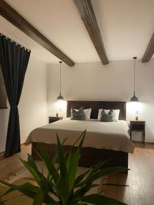 una camera con un letto con due lampade e una pianta di Festung 57 a Bran Altre 50 foto