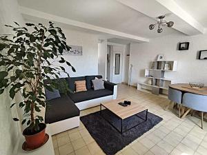 a living room with a couch and a potted plant at Charmant T3 au centre de gréoux les bains in Gréoux-les-Bains