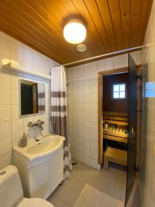 a bathroom with a sink and a toilet and a shower at Villa Adalia in Kalajoki +21 photos