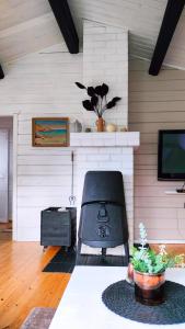 a living room with a chair and a fireplace at Brusta Stugor in Ödkarby