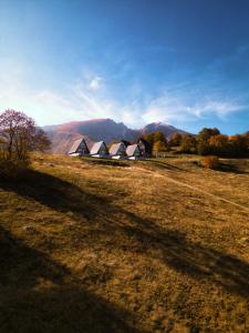 a field with a barn with mountains in the background at Monte zone in Žabljak +101 photos