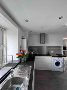 a kitchen with a sink and a washing machine at Stylish One Bed Apartment in Edinburgh +3 photos