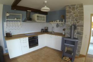 a kitchen with a stove and a stone wall at Zur alten Schäferei in Zeulenroda