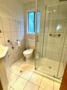a bathroom with a shower and a toilet at Blue Lagoon in American River +19 photos