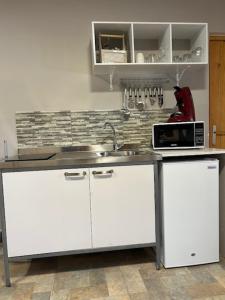 Luxe studio voor 2 personen en groot zwembad في Sint Jozefsdal: مطبخ مع حوض وميكروويف