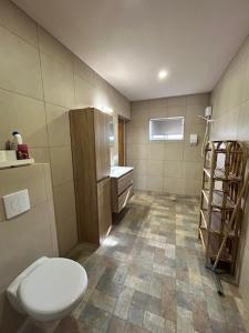 Luxe studio voor 2 personen en groot zwembad في Sint Jozefsdal: حمام صغير مع مرحاض ومغسلة