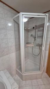 a shower with a glass door in a bathroom at Zettler Apartment in Großsölk +27 photos
