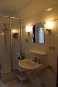a bathroom with a sink and a shower at Baltique Fewo 5 in Glowe +2 photos