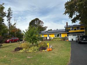 a house with pumpkins on the lawn in front of it at Comfort Room-Free Parking & Cozy Stay in Charlottetown in Charlottetown