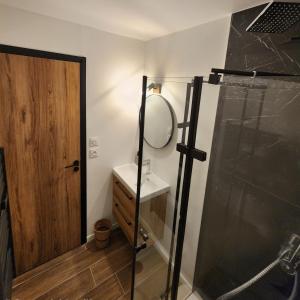 a bathroom with a shower with a mirror and a sink at studio ski aux pieds avec parking couvert in Les Deux Alpes +2 photos