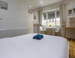 98 Apparthotel - Botanique 3 في لييج: غرفة نوم بها سرير وطاولة ونافذة