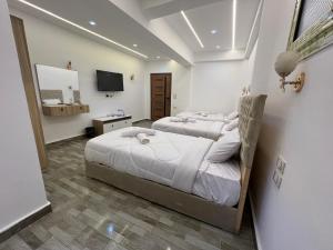 a bedroom with two beds and a television in it at khufus pyramids view INN in Cairo