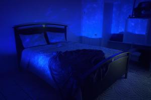 SolStar Suite - Steps From Tucson's NEW Casino في توسان: غرفة نوم بسرير في غرفة زرقاء