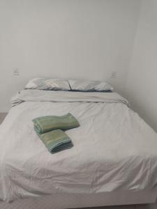 Loft Serra Gaúcha-Bem estar no coração de Nova Petrópolis في نوفا بتروبوليس: سرير وفوط خضراء فوقه