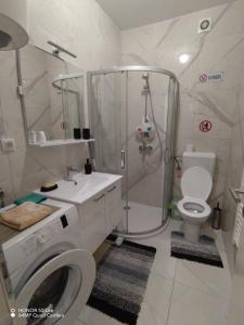 een badkamer met douche en wasmachine bij Splendid J&R apartman in Bijeljina