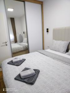 een slaapkamer met een bed met 2 handdoeken en een spiegel bij Splendid J&R apartman in Bijeljina +12 foto's