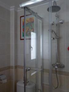 een badkamer met een glazen douche en een toilet bij Attic at 91 in Pinoso