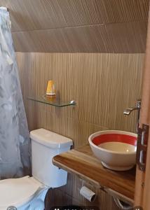 a bathroom with a sink and a toilet at Cabaña Alpina Zen in Carmen del Paraná +5 photos