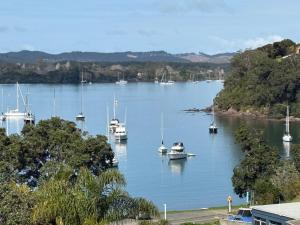 a group of boats are docked in a harbor at Tuis Nest, family beach bach at Opito Bay in Kerikeri