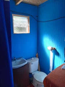 a blue bathroom with a toilet and a sink at Cabaña carmen velasquez in Calbuco