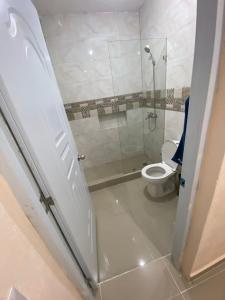 un baño con inodoro y ducha en Casa amarilla, en La Romana