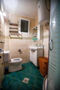łazienka z toaletą, umywalką i telewizorem w obiekcie Apartments Pines w Barze