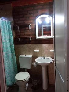 un bagno con un water, un lavandino e uno specchio di Cabañas Yarel ad Alpa Corral