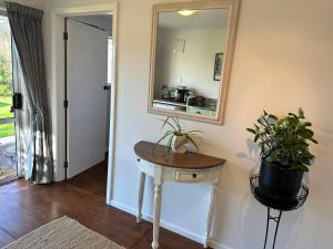 Dark Sky Cottage في غريتاون: غرفة مع طاولة مع مرآة والنباتات