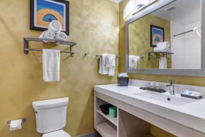 a bathroom with a sink and a toilet and a mirror at Hotel 1914 - Historic Alamo Riverwalk, an Ascend Collection Hotel in San Antonio