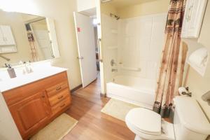 a bathroom with a toilet and a sink and a shower at The Bearfoot Cabin! Ideally located, decorated for Christmas, Fireplace, Game Room! in Sevierville +21 photos