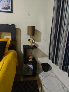 een slaapkamer met een bed en een lamp op een nachtkastje bij GNOME KIT HOUSE São Tomé das Letras- Mg in São Thomé das Letras