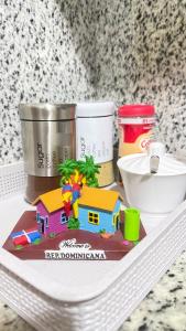 Apartamento en Santo Domingo Pablo mella morales في Hato Nuevo: بيت ألعاب على رف مع أشياء أخرى